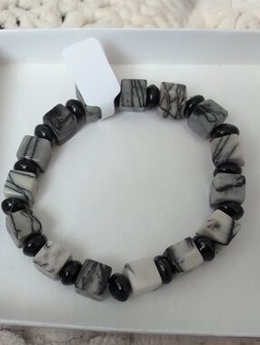 Spide Web Jasper And Black Agate Stretch Bracelet